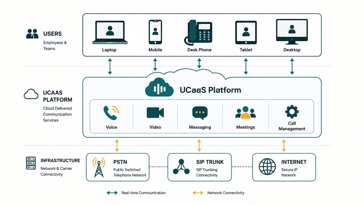 UCaaS architecture diagram showing cloud PBX, SIP trunking, and unified communication channels