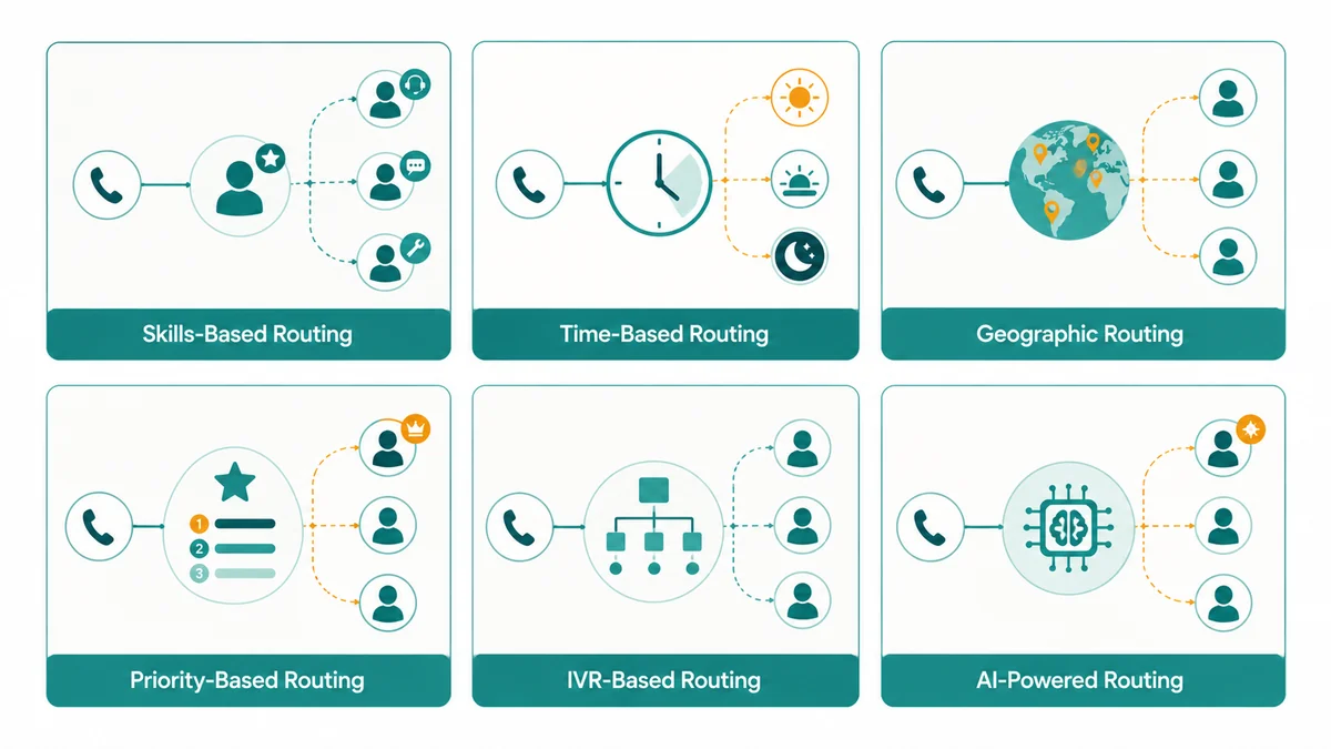 Diagram comparing call routing strategies from simple to advanced, organized by complexity and use case