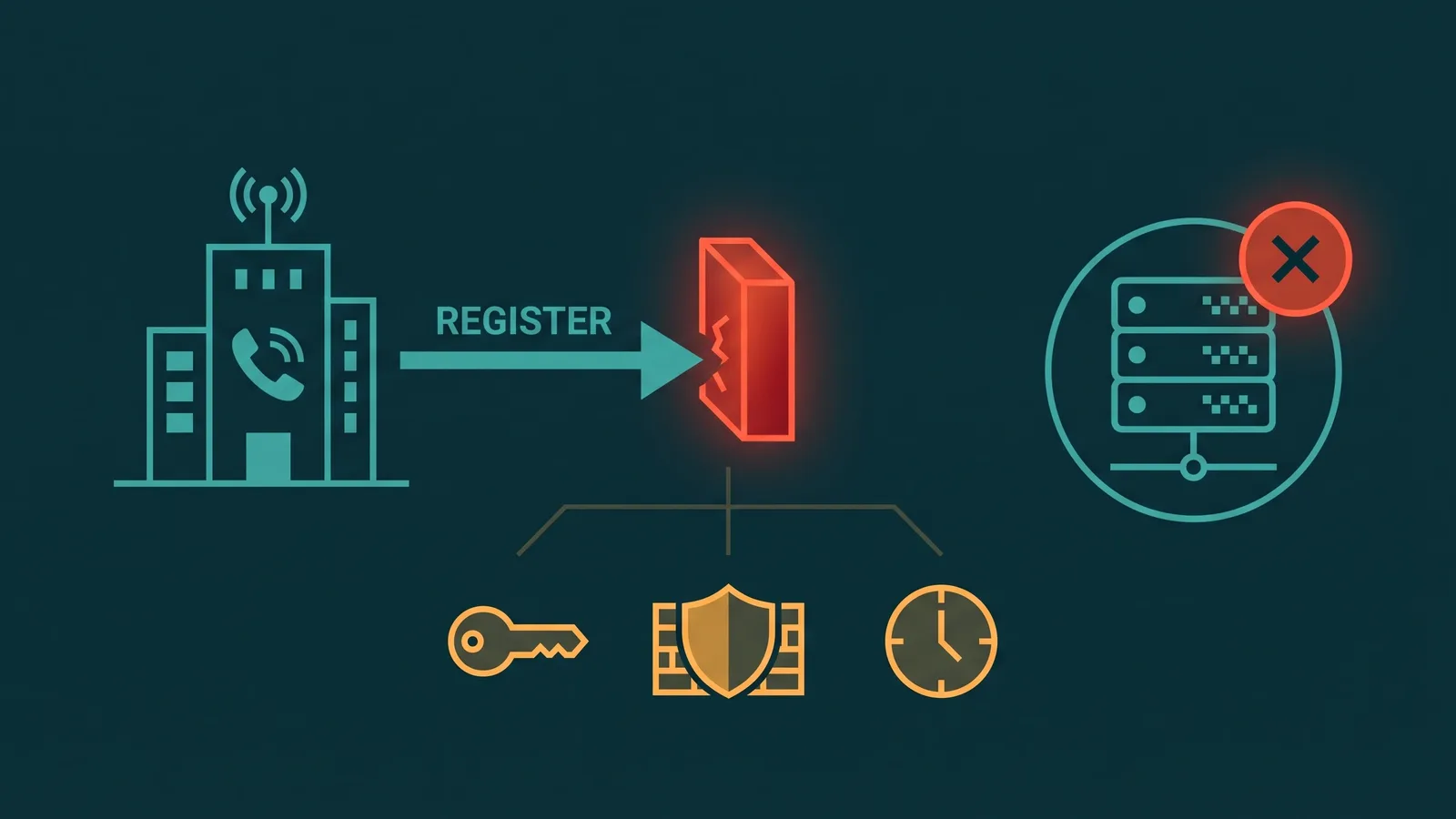 SIP trunk registration failure shown in a trace with 401 and 403 responses highlighted alongside a PBX configuration panel