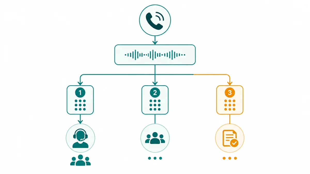 IVR call flow diagram showing incoming call, welcome menu, and three routing branches: sales agent, support queue, and self-service