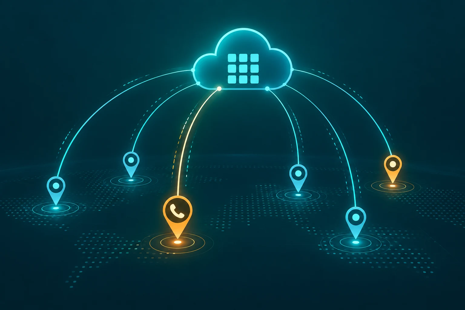 Abstract map with location pin icons and phone signal arcs converging into a cloud PBX hub