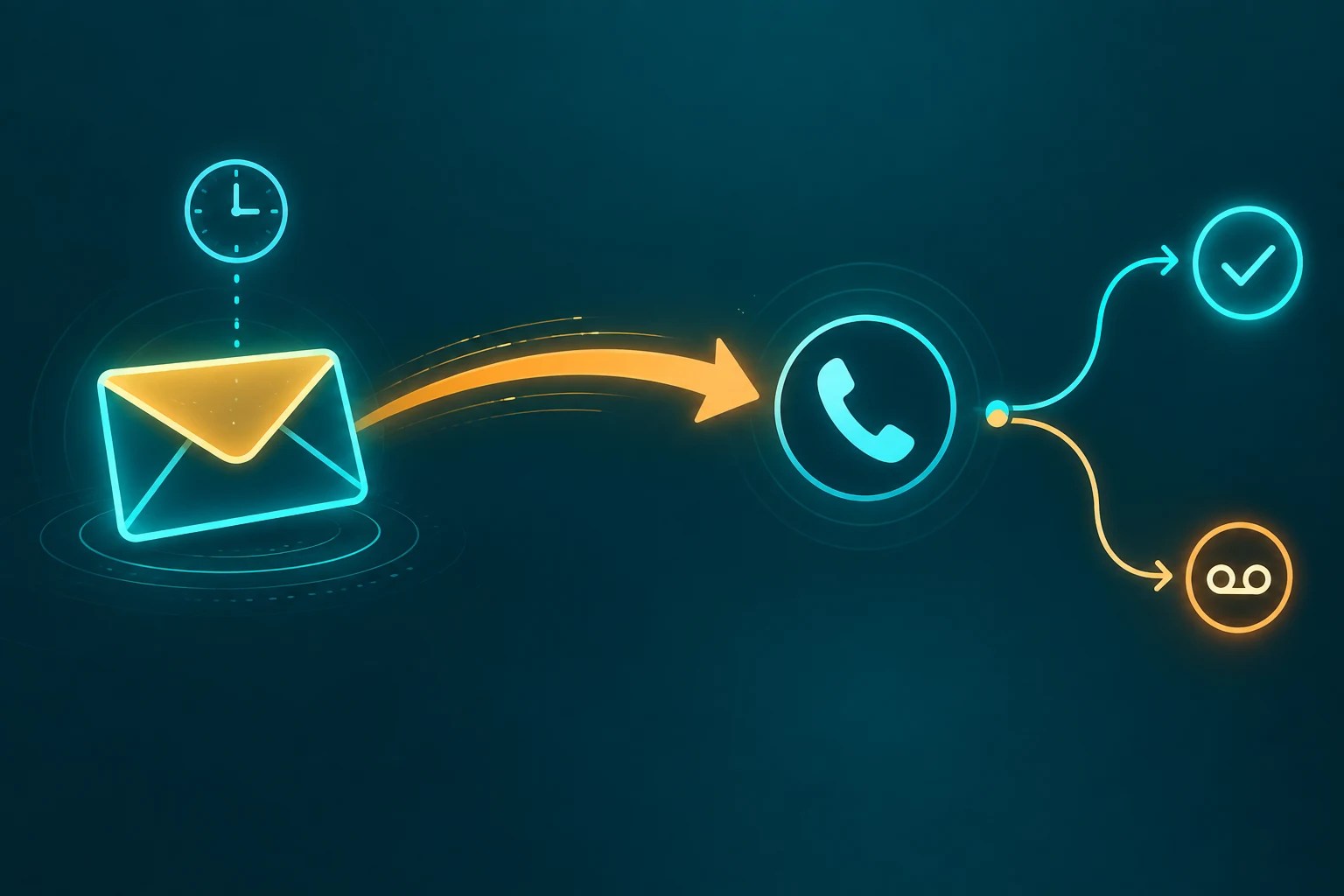 Email envelope icon with a call-routing arrow curving into a phone handset, representing async-to-live response flow