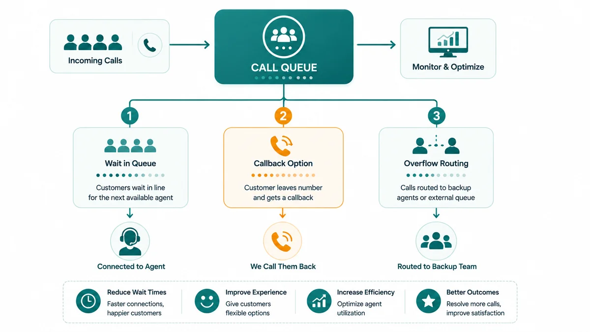 Call queue lifecycle flowchart from call arrival through IVR, queue, callback offer, and agent connection