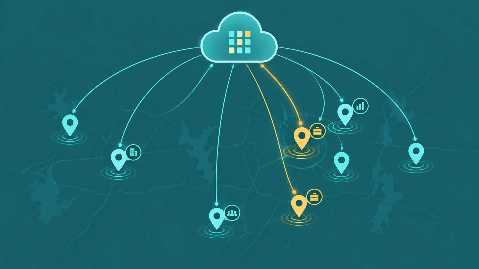 Abstract DFW metro connectivity map with cloud PBX hub and local area code nodes in teal and amber