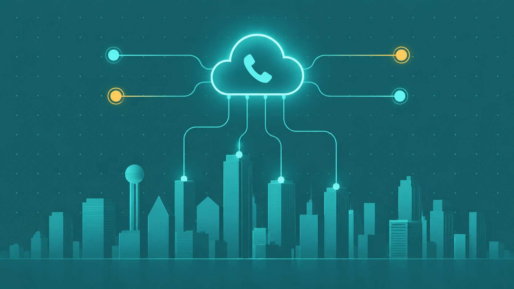 Abstract DFW skyline silhouette with cloud calling infrastructure and business node connections in teal and amber