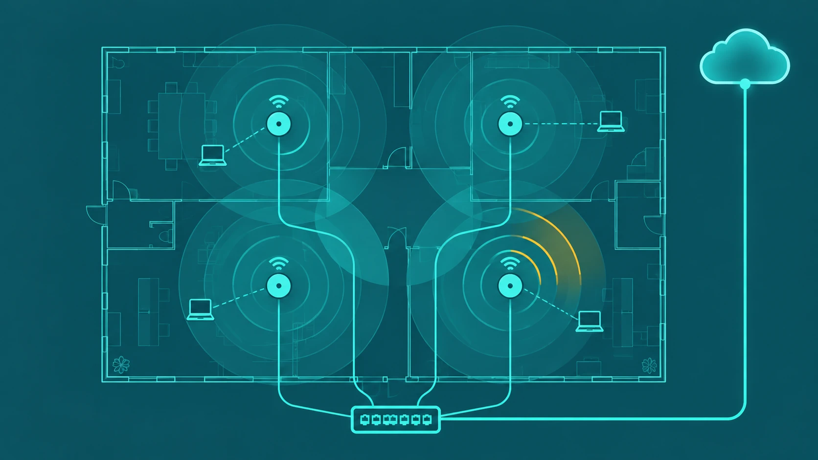 Abstract commercial WiFi network diagram with access point nodes and coverage zones in teal and amber on dark teal background
