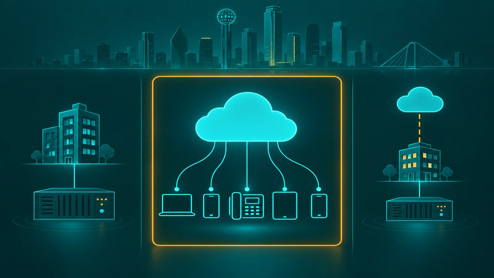Abstract Dallas business phone system diagram with cloud PBX hub, DFW office nodes, and remote worker connections in teal and amber