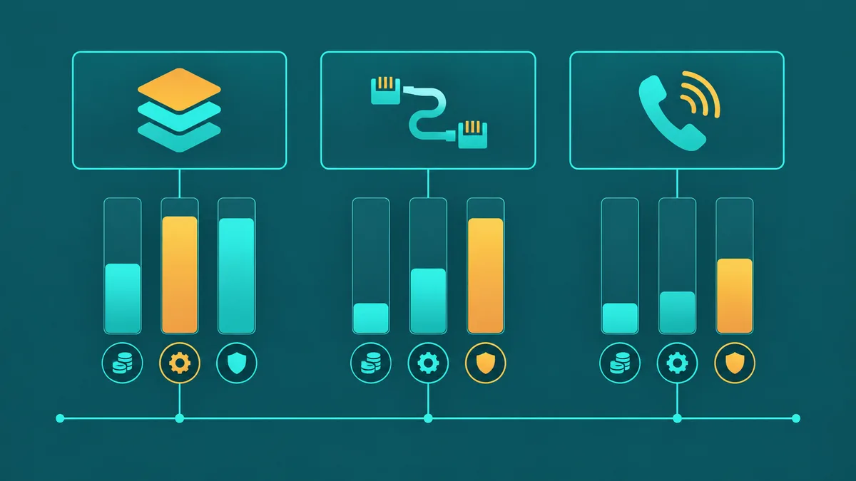 Abstract VoIP provider comparison diagram showing hosted UCaaS, SIP trunk, and retail VoIP tiers on a dark teal background