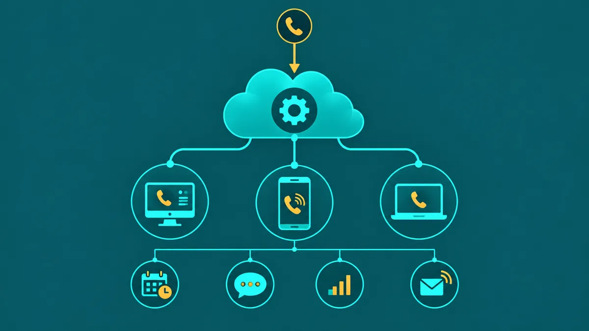Abstract virtual phone system diagram showing cloud PBX hub connecting desktop, mobile, and remote worker endpoints on a dark teal background
