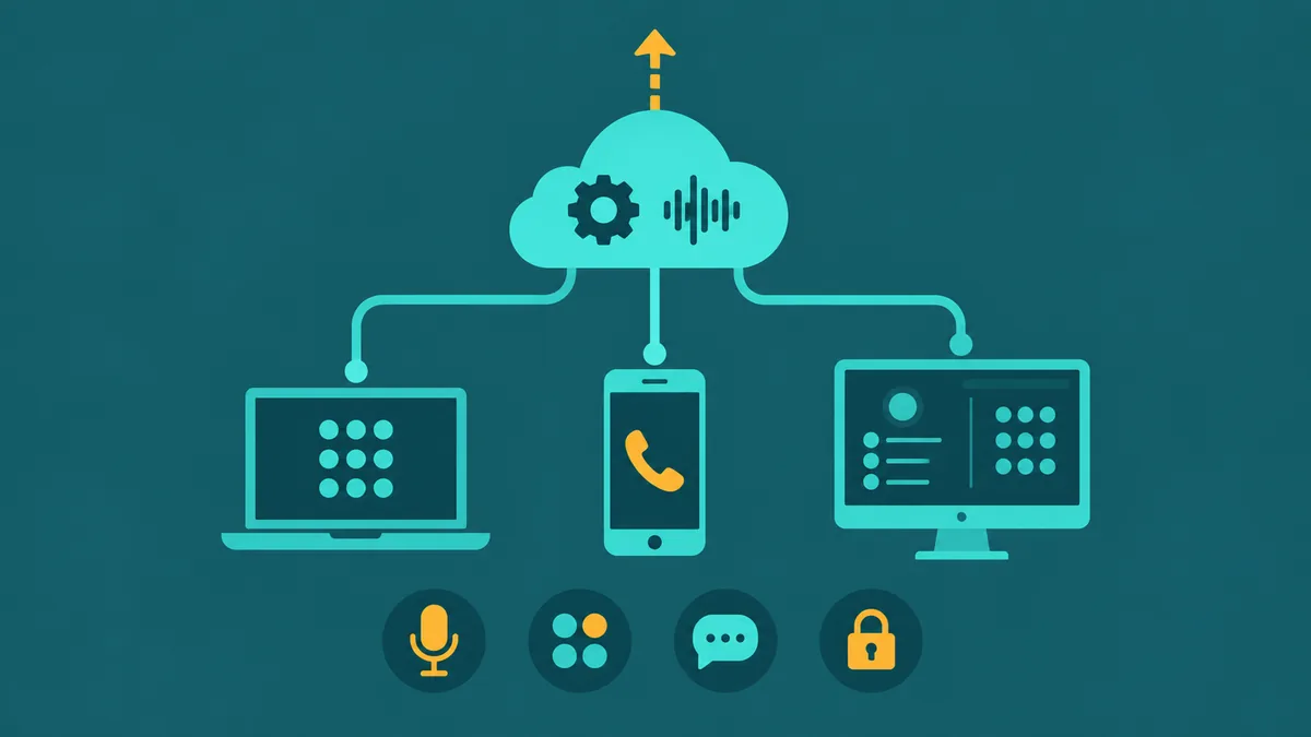 Abstract softphone app diagram showing a laptop and smartphone running a dialpad interface connected to a cloud VoIP platform over teal lines on a dark teal background