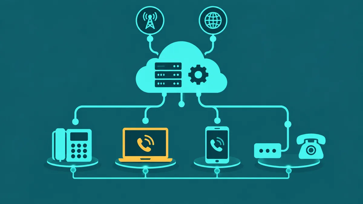 Abstract hosted VoIP diagram showing provider-managed cloud PBX infrastructure connecting IP phones, softphones, and ATAs over teal lines on a dark teal background
