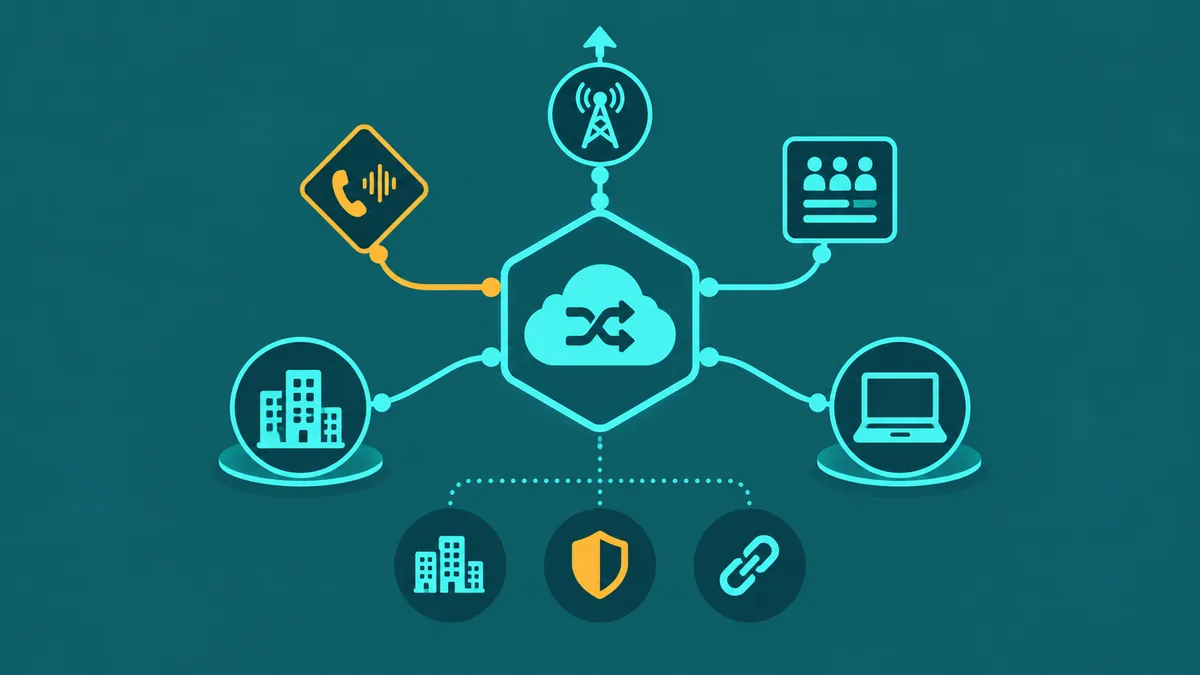 Abstract cloud PBX diagram showing provider data center routing engine connecting remote offices, IP phones, and softphone endpoints over teal lines on a dark teal background