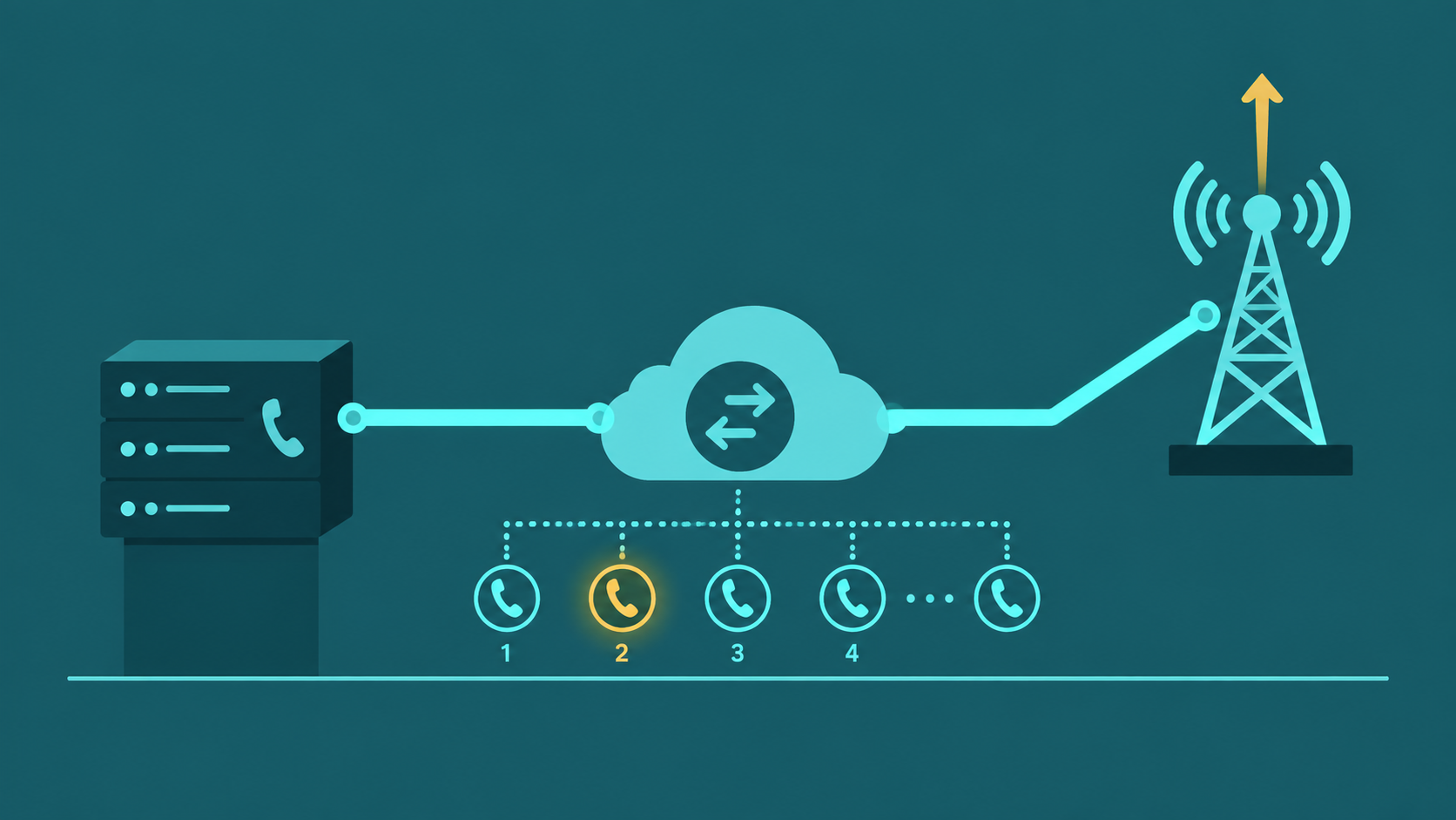 Abstract SIP trunking diagram showing on-premise PBX connecting to a SIP trunk provider cloud node which connects upstream to the PSTN carrier network on a dark teal background