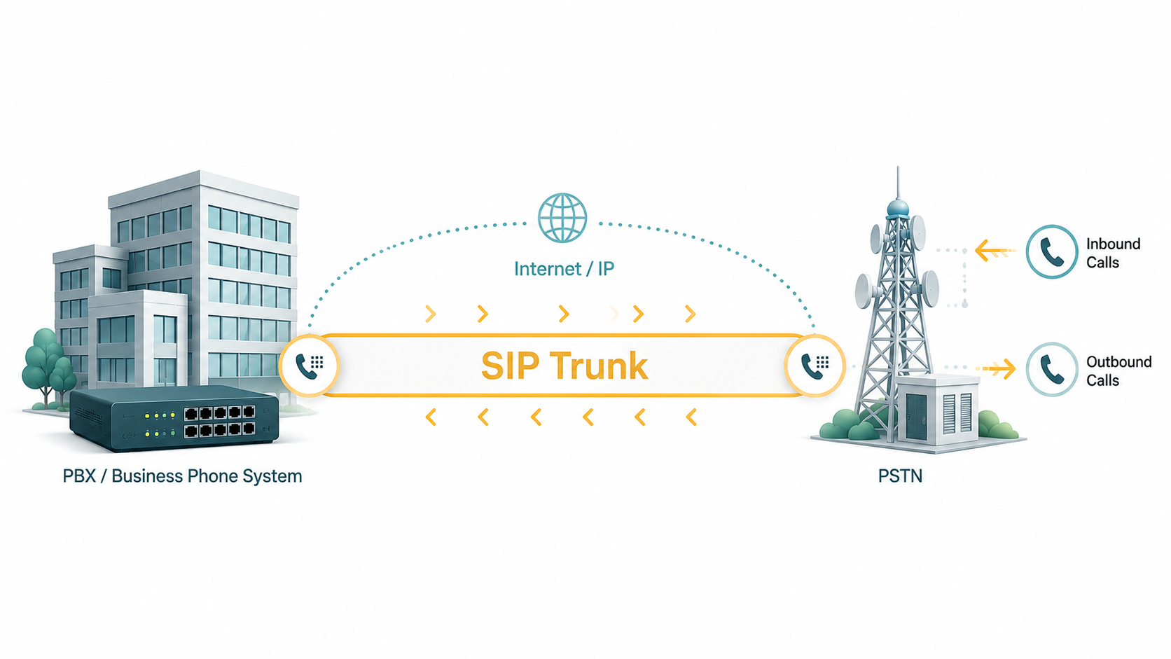 SIP trunking diagram showing a business PBX connecting to the public telephone network over the internet via a SIP trunk