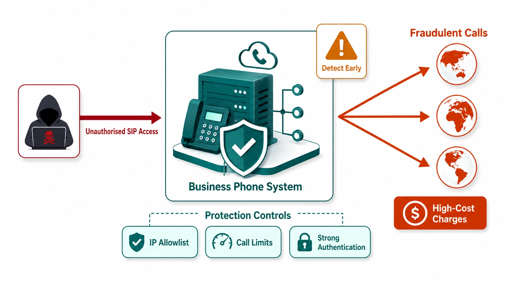 Diagram: hacker with Unauthorised SIP Access arrow to Business Phone System, leading to Fraudulent Calls and High-Cost Charges, with IP Allowlist, Call Limits, Strong Authentication controls below