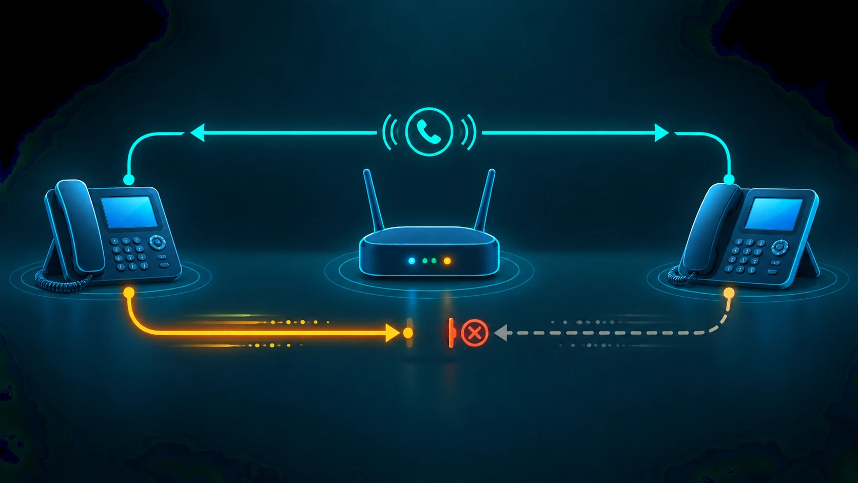Diagram showing asymmetric RTP flow in a VoIP call where audio travels one direction but not the other, with NAT and SDP labels